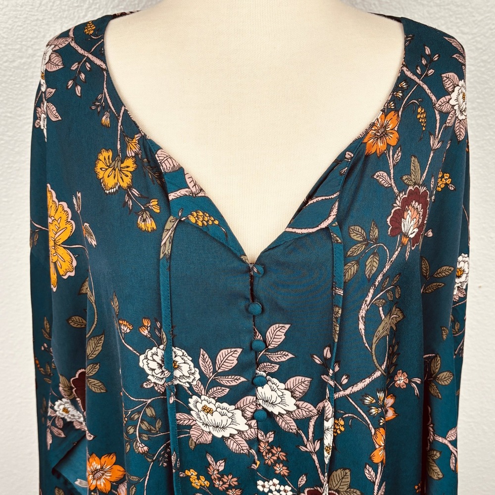 Maurices Floral Bell Sleeve Blouse Teal Tie Neck Button Front Women's‎ 2 - Picture 3 of 13